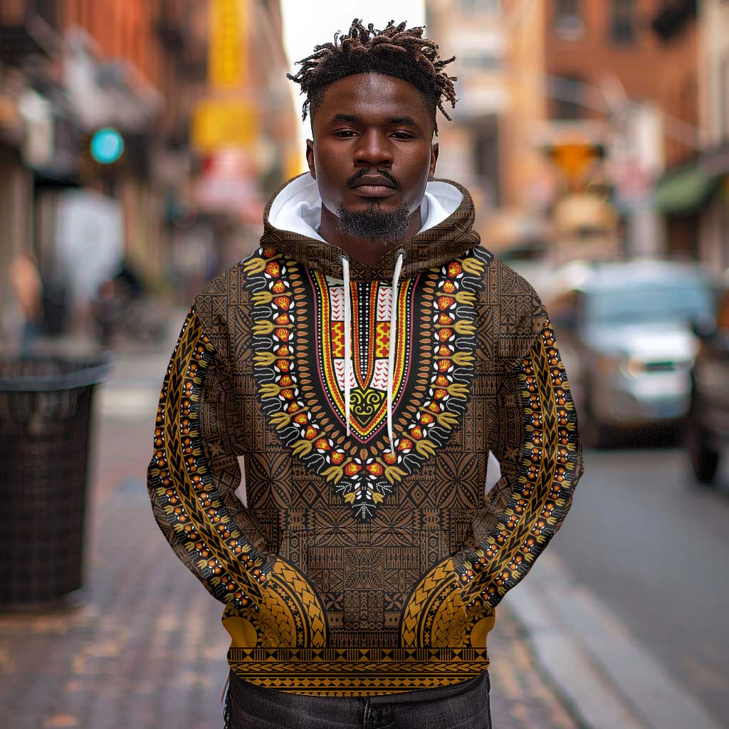 Gold Dashiki and Tapa Pattern Hoodie Africa-Polynesia Together Culture