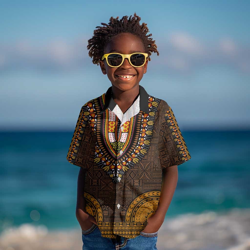 Gold Dashiki and Tapa Pattern Kid Hawaiian Shirt Africa-Polynesia Together Culture