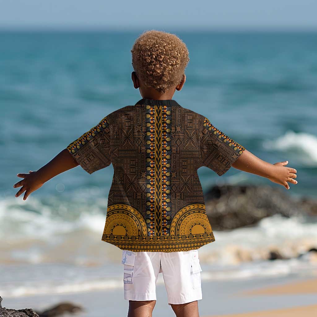 Gold Dashiki and Tapa Pattern Kid Hawaiian Shirt Africa-Polynesia Together Culture