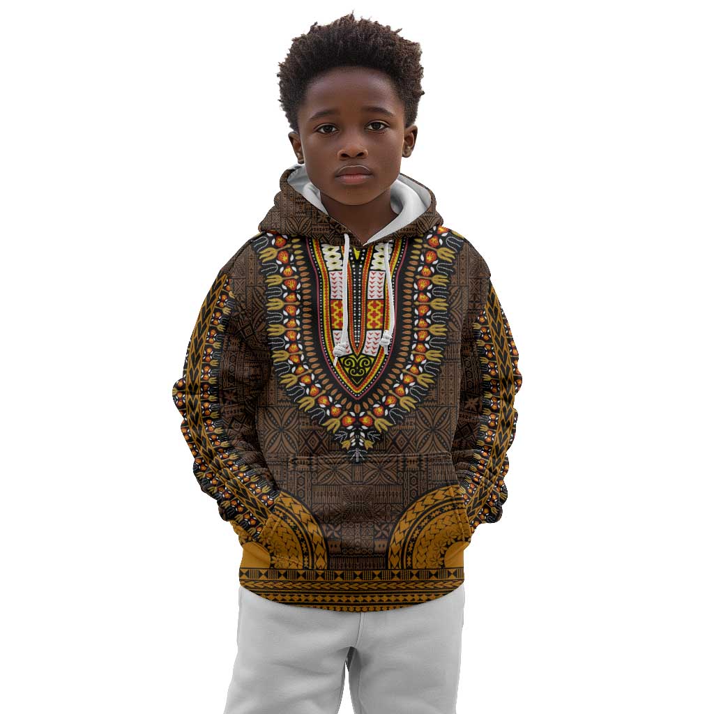 Gold Dashiki and Tapa Pattern Kid Hoodie Africa-Polynesia Together Culture