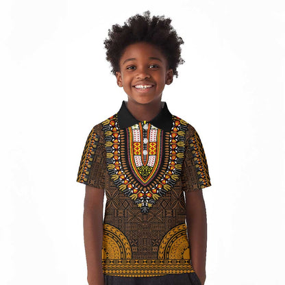 Gold Dashiki and Tapa Pattern Kid Polo Shirt Africa-Polynesia Together Culture
