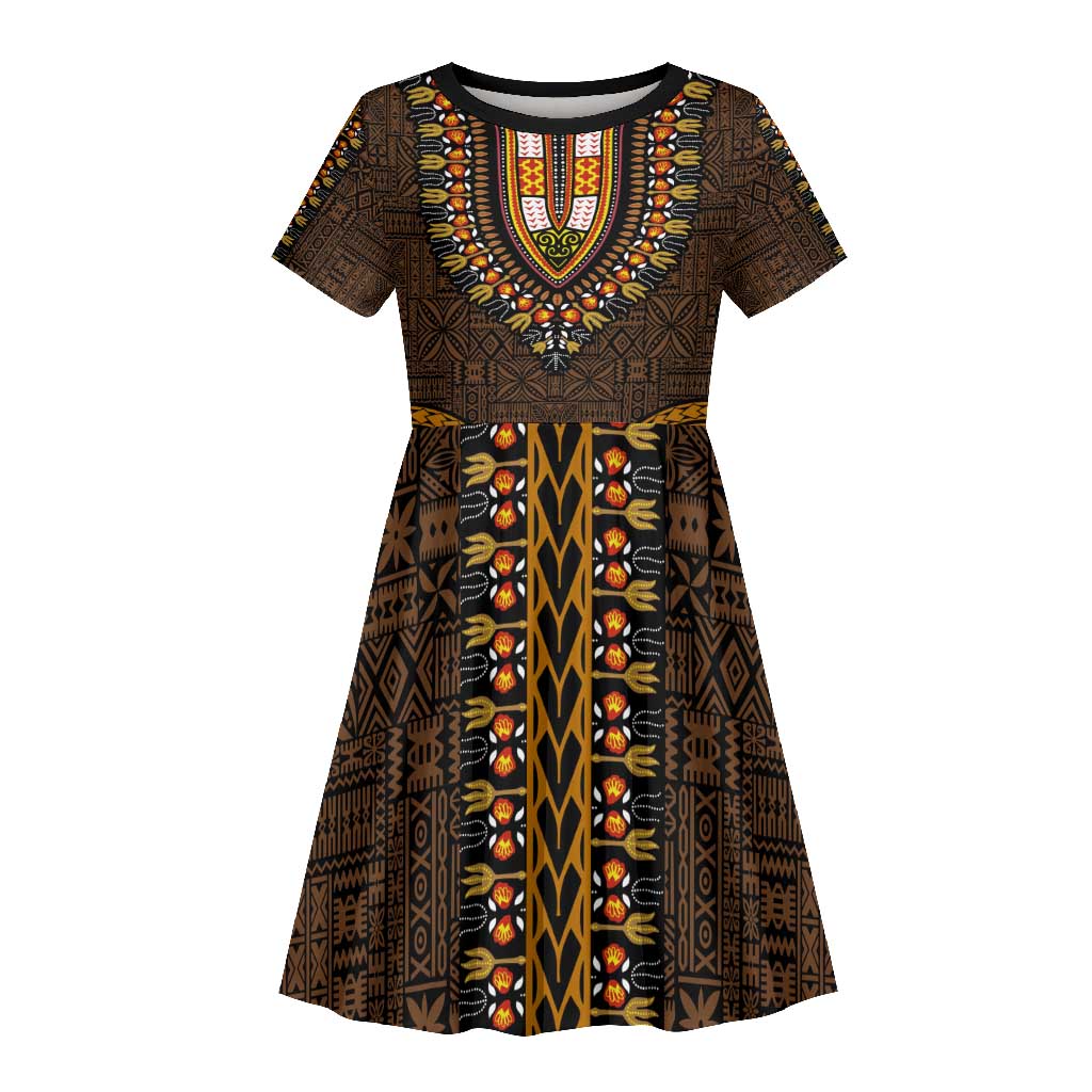 Gold Dashiki and Tapa Pattern Kid Short Sleeve Dress Africa-Polynesia Together Culture