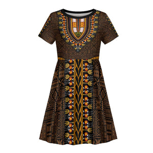 Gold Dashiki and Tapa Pattern Kid Short Sleeve Dress Africa-Polynesia Together Culture