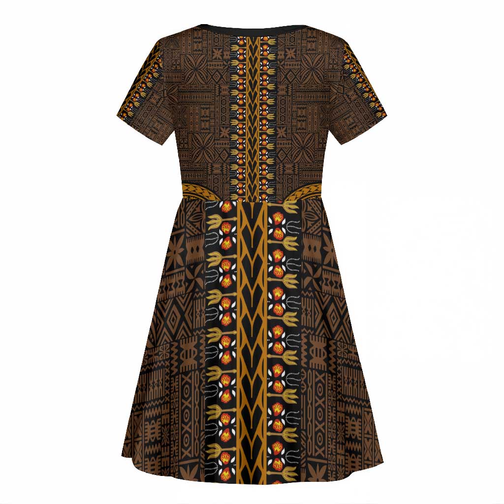 Gold Dashiki and Tapa Pattern Kid Short Sleeve Dress Africa-Polynesia Together Culture