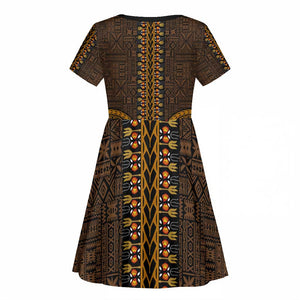 Gold Dashiki and Tapa Pattern Kid Short Sleeve Dress Africa-Polynesia Together Culture