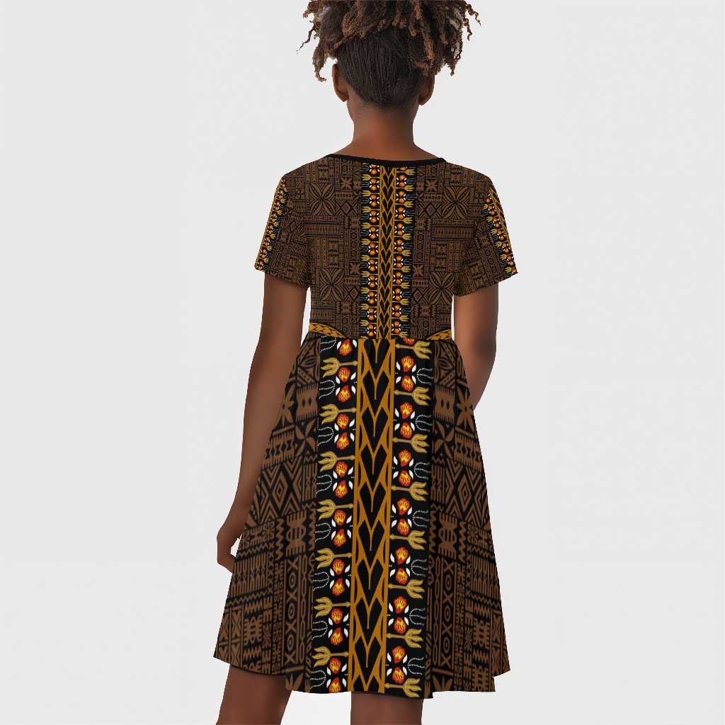 Gold Dashiki and Tapa Pattern Kid Short Sleeve Dress Africa-Polynesia Together Culture