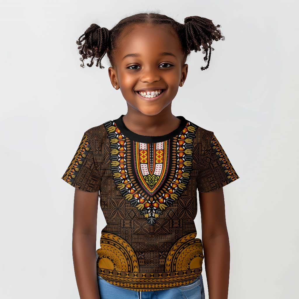 Gold Dashiki and Tapa Pattern Kid T shirt Africa-Polynesia Together Culture