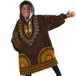 Gold Dashiki and Tapa Pattern Kid Wearable Blanket Hoodie Africa-Polynesia Together Culture