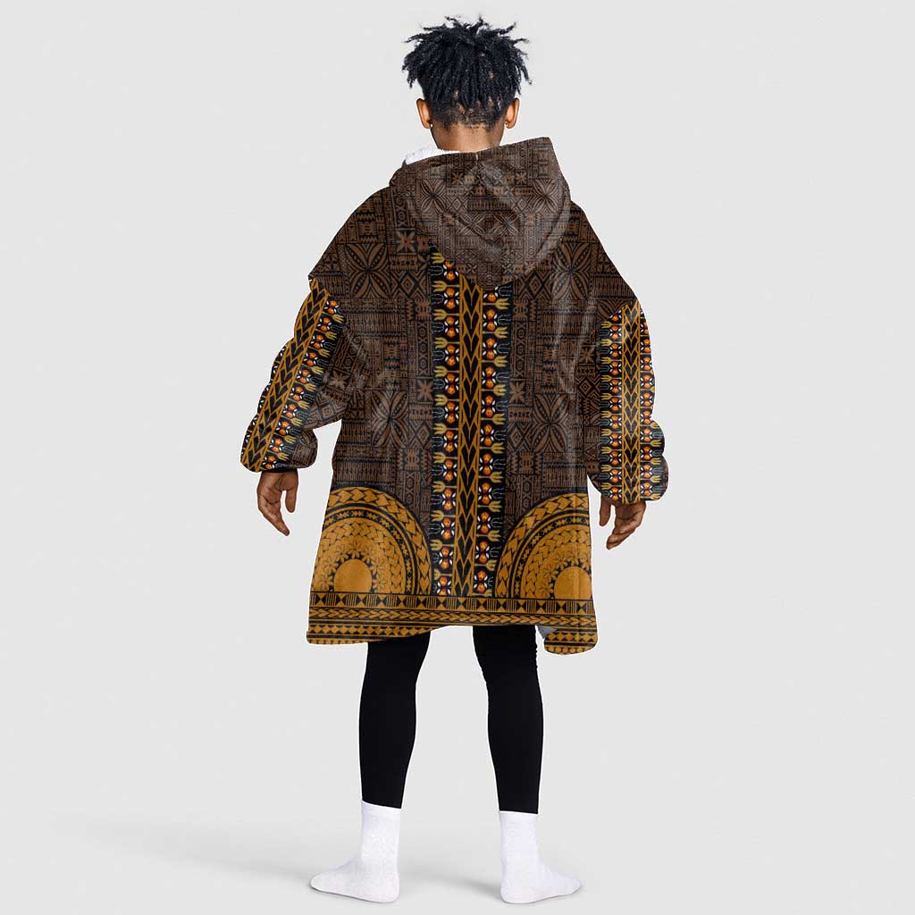 Gold Dashiki and Tapa Pattern Kid Wearable Blanket Hoodie Africa-Polynesia Together Culture