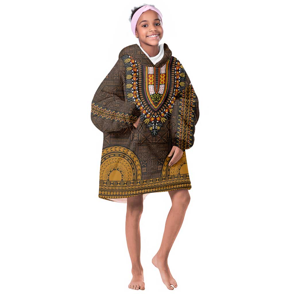 Gold Dashiki and Tapa Pattern Kid Wearable Blanket Hoodie Africa-Polynesia Together Culture
