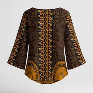 Gold Dashiki and Tapa Pattern Kimono Sleeve Blouse Africa-Polynesia Together Culture