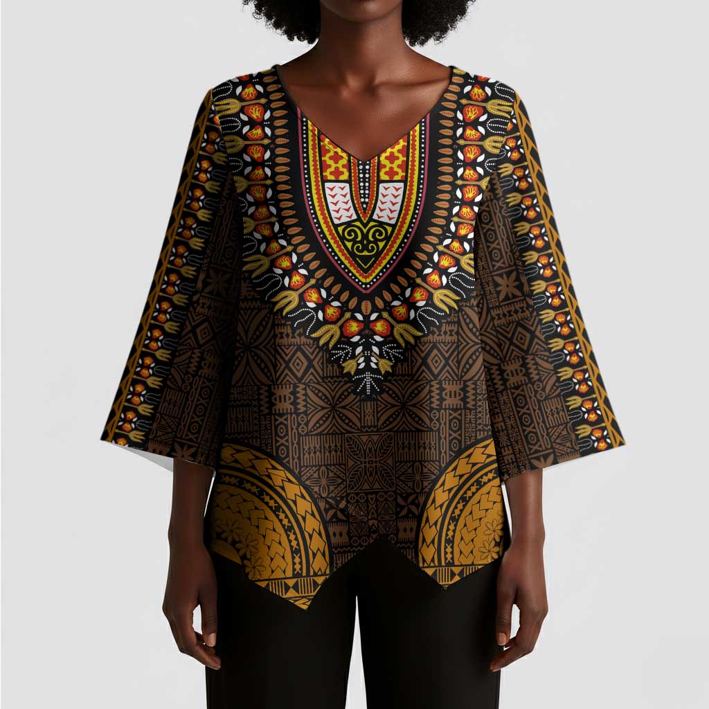Gold Dashiki and Tapa Pattern Kimono Sleeve Blouse Africa-Polynesia Together Culture