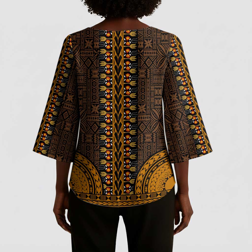 Gold Dashiki and Tapa Pattern Kimono Sleeve Blouse Africa-Polynesia Together Culture