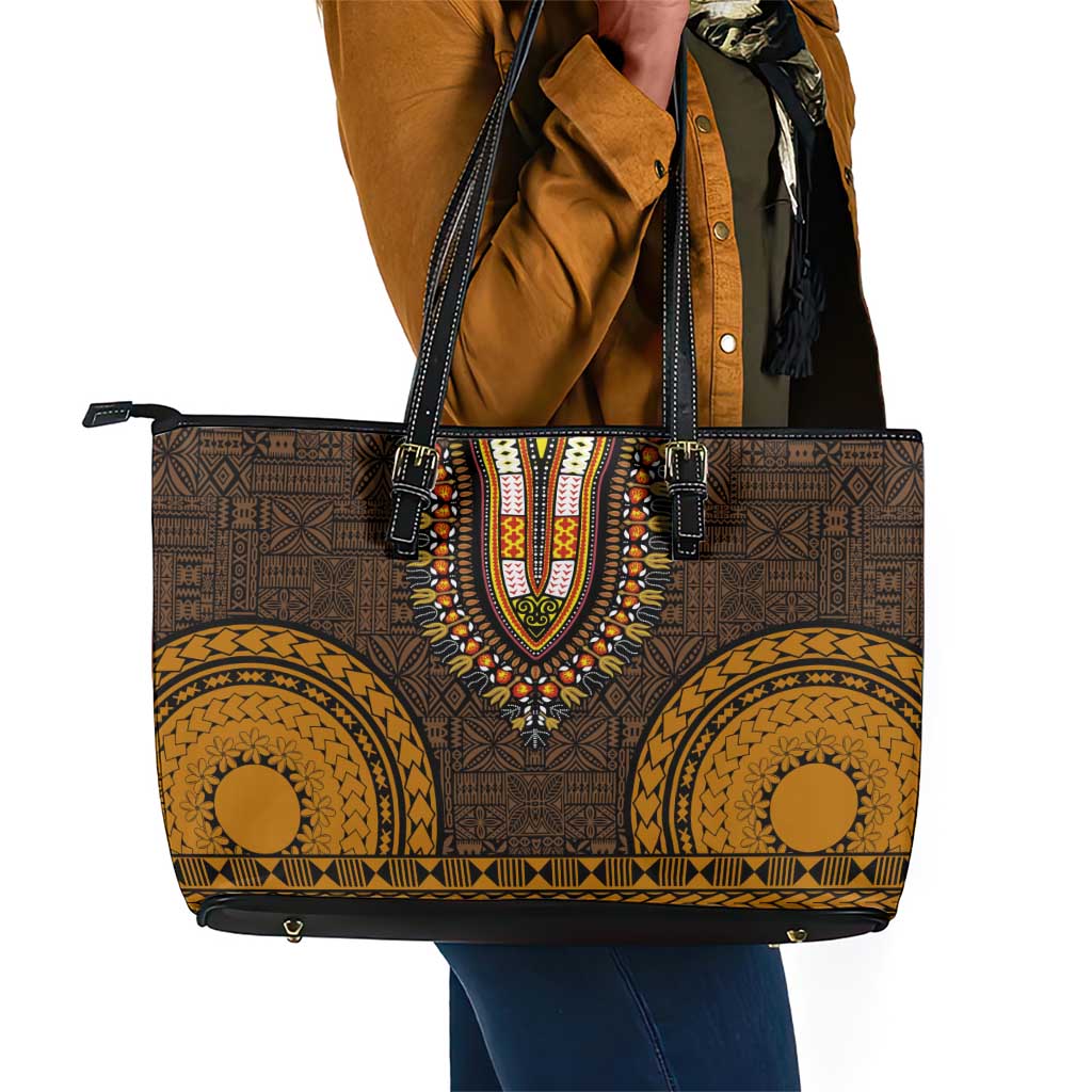 Gold Dashiki and Tapa Pattern Leather Tote Bag Africa-Polynesia Together Culture