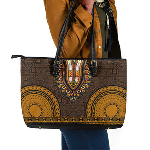 Gold Dashiki and Tapa Pattern Leather Tote Bag Africa-Polynesia Together Culture