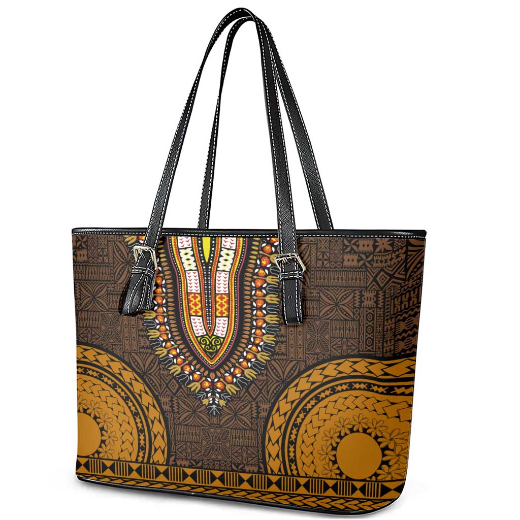 Gold Dashiki and Tapa Pattern Leather Tote Bag Africa-Polynesia Together Culture