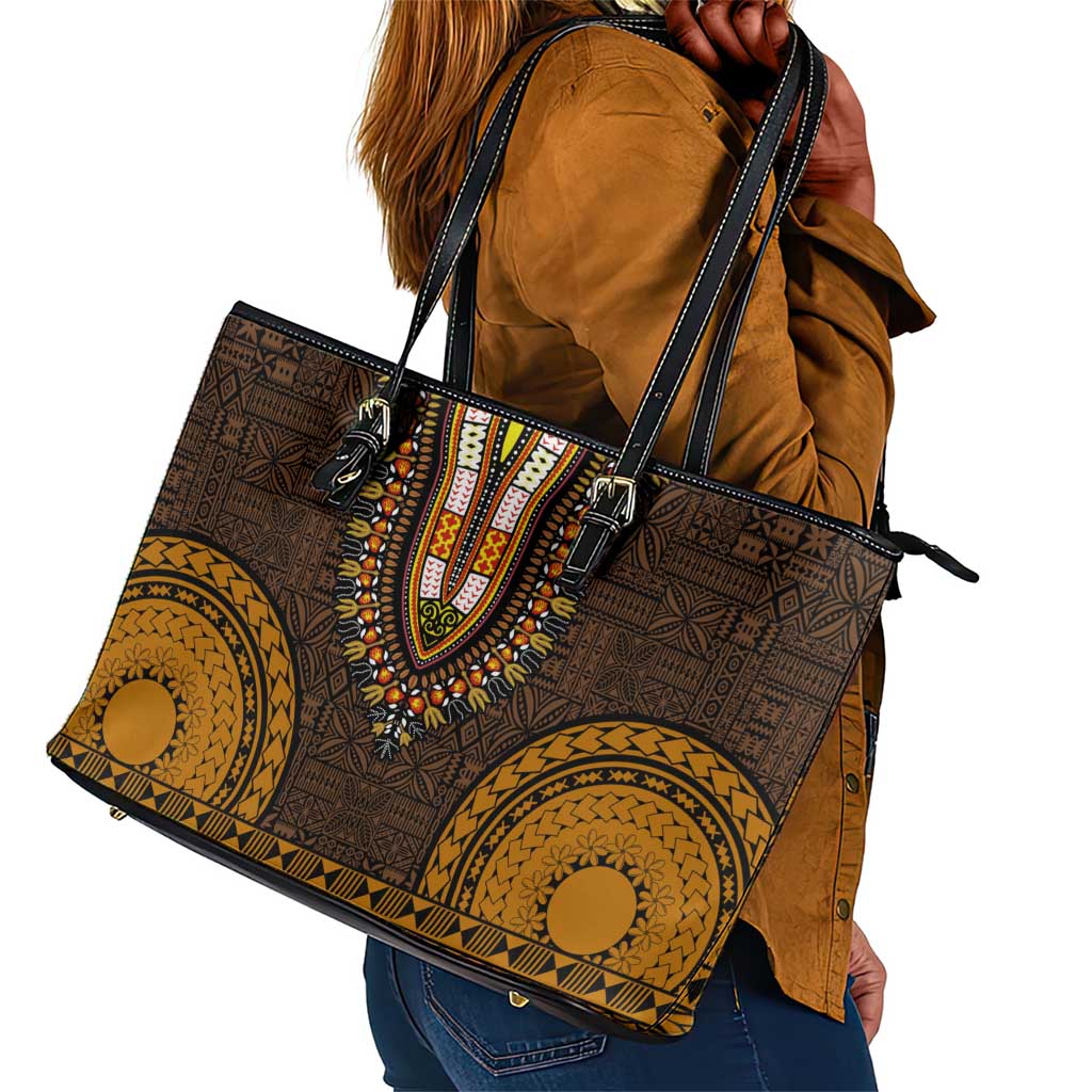 Gold Dashiki and Tapa Pattern Leather Tote Bag Africa-Polynesia Together Culture
