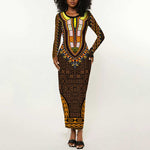 Gold Dashiki and Tapa Pattern Long Sleeve Bodycon Dress Africa-Polynesia Together Culture LT9