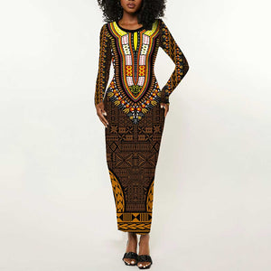 Gold Dashiki and Tapa Pattern Long Sleeve Bodycon Dress Africa-Polynesia Together Culture LT9