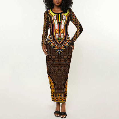 Gold Dashiki and Tapa Pattern Long Sleeve Bodycon Dress Africa-Polynesia Together Culture LT9