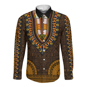 Gold Dashiki and Tapa Pattern Long Sleeve Button Shirt Africa-Polynesia Together Culture