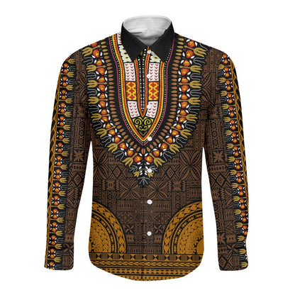 Gold Dashiki and Tapa Pattern Long Sleeve Button Shirt Africa-Polynesia Together Culture
