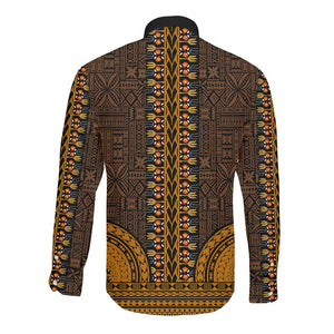 Gold Dashiki and Tapa Pattern Long Sleeve Button Shirt Africa-Polynesia Together Culture