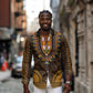Gold Dashiki and Tapa Pattern Long Sleeve Button Shirt Africa-Polynesia Together Culture