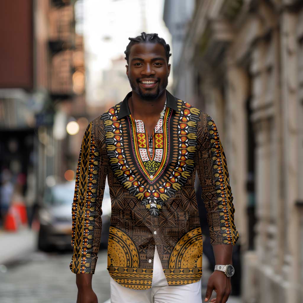 Gold Dashiki and Tapa Pattern Long Sleeve Button Shirt Africa-Polynesia Together Culture