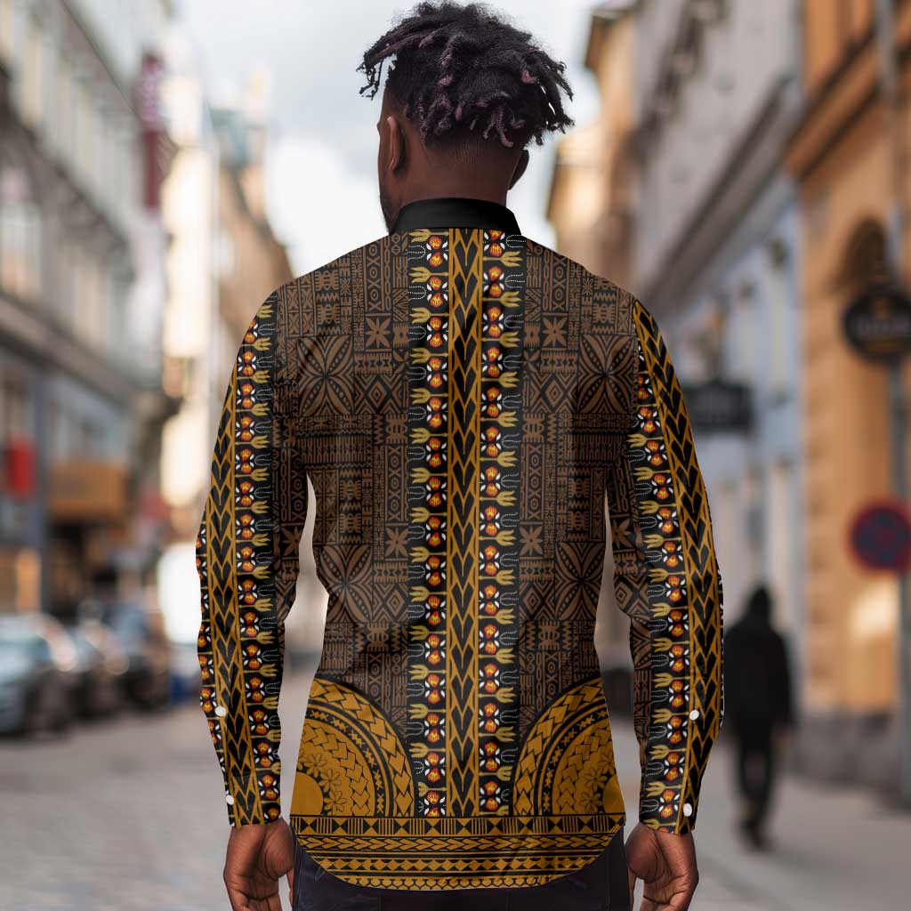 Gold Dashiki and Tapa Pattern Long Sleeve Button Shirt Africa-Polynesia Together Culture