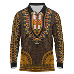 Gold Dashiki and Tapa Pattern Long Sleeve Polo Shirt Africa-Polynesia Together Culture