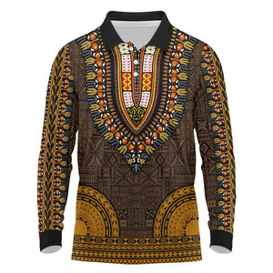 Gold Dashiki and Tapa Pattern Long Sleeve Polo Shirt Africa-Polynesia Together Culture