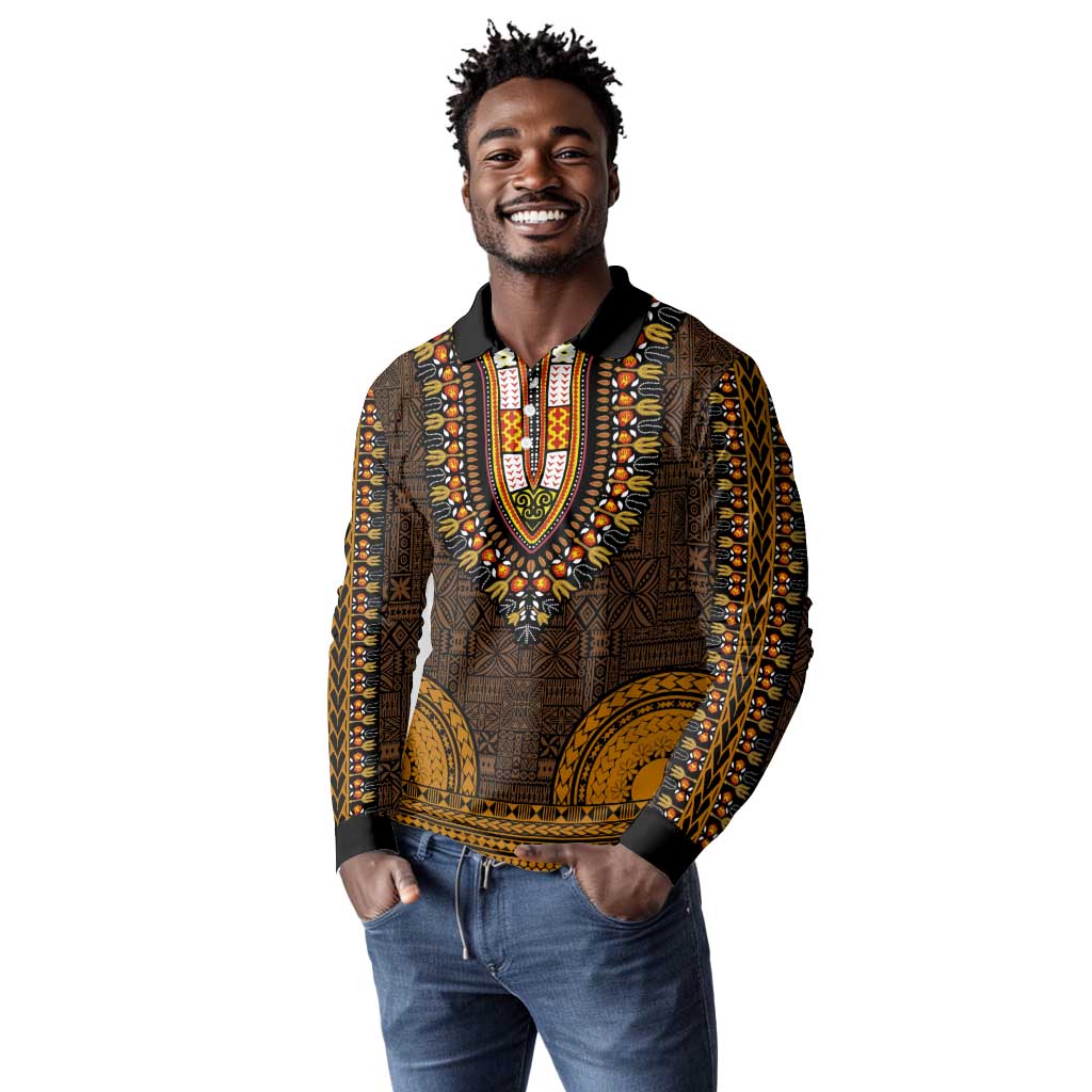 Gold Dashiki and Tapa Pattern Long Sleeve Polo Shirt Africa-Polynesia Together Culture