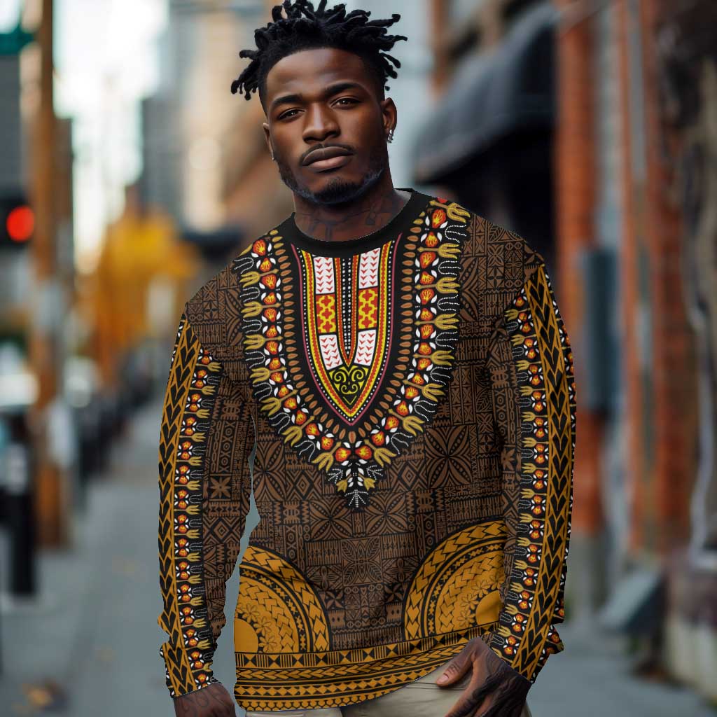 Gold Dashiki and Tapa Pattern Long Sleeve Shirt Africa-Polynesia Together Culture