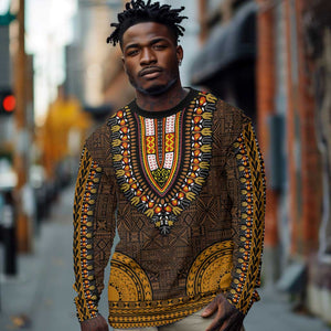 Gold Dashiki and Tapa Pattern Long Sleeve Shirt Africa-Polynesia Together Culture