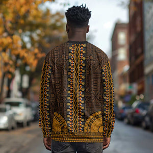 Gold Dashiki and Tapa Pattern Long Sleeve Shirt Africa-Polynesia Together Culture
