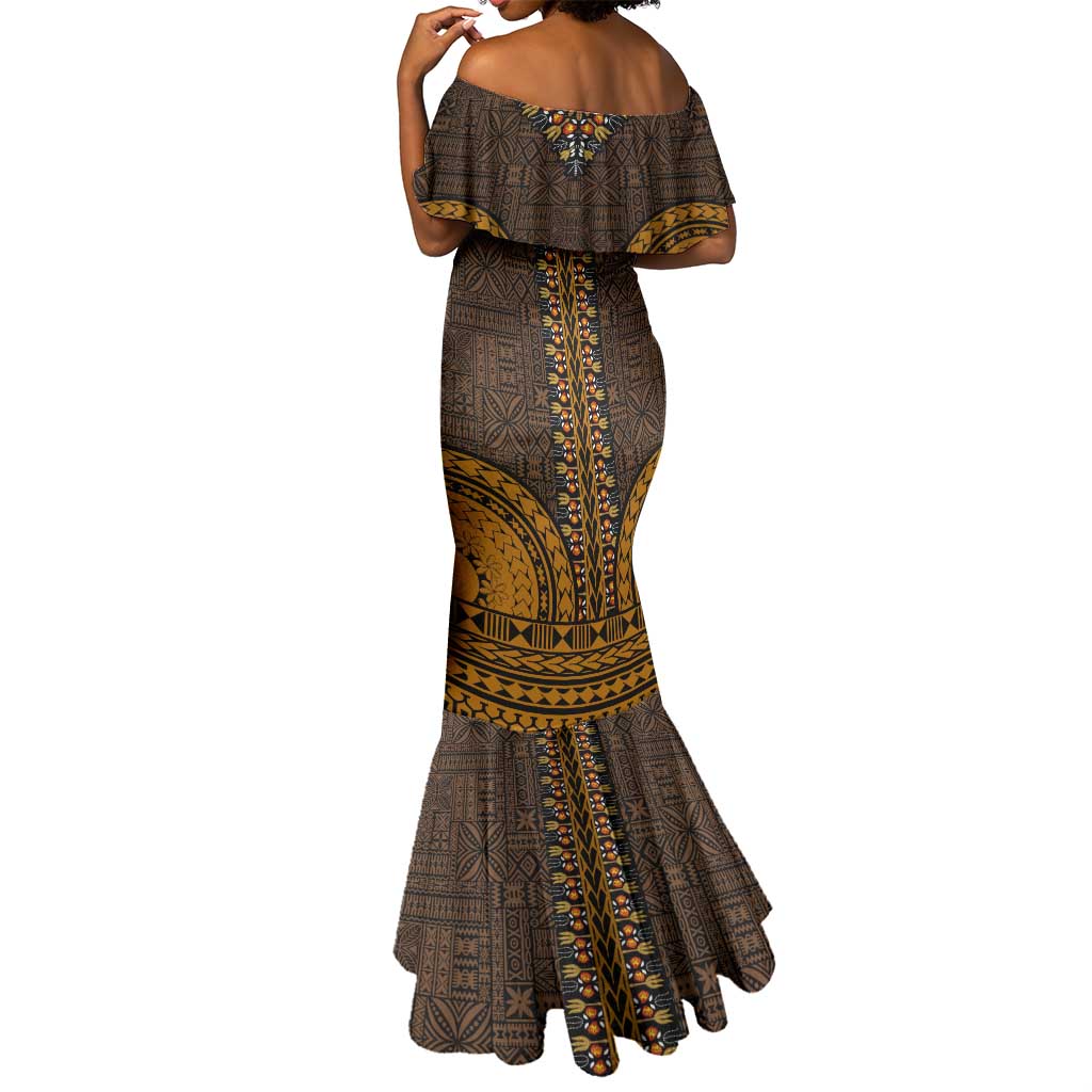 Gold Dashiki and Tapa Pattern Mermaid Dress Africa-Polynesia Together Culture