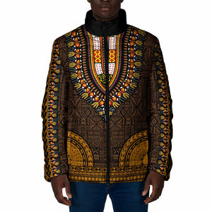 Gold Dashiki and Tapa Pattern Padded Jacket Africa-Polynesia Together Culture