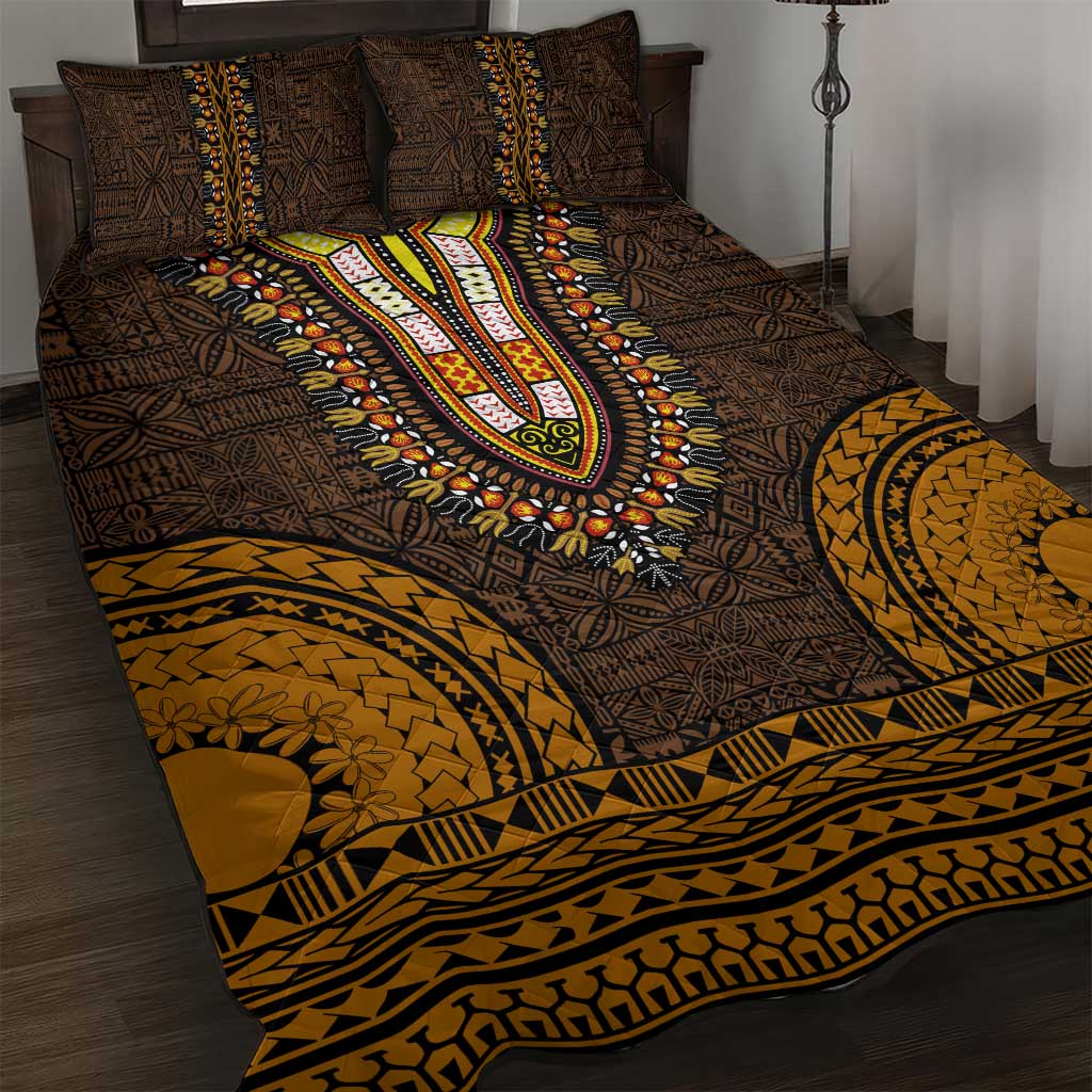 Gold Dashiki and Tapa Pattern Quilt Bed Set Africa-Polynesia Together Culture