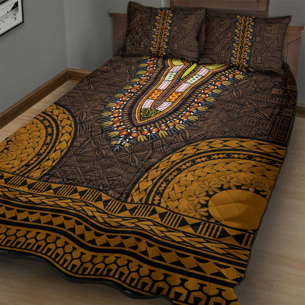 Gold Dashiki and Tapa Pattern Quilt Bed Set Africa-Polynesia Together Culture