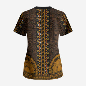 Gold Dashiki and Tapa Pattern Scrub Top Africa-Polynesia Together Culture