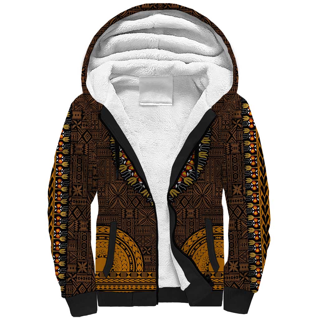 Gold Dashiki and Tapa Pattern Sherpa Hoodie Africa-Polynesia Together Culture