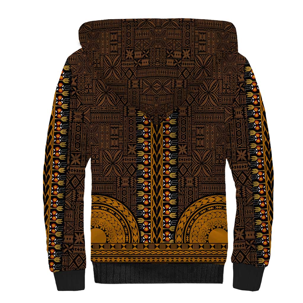 Gold Dashiki and Tapa Pattern Sherpa Hoodie Africa-Polynesia Together Culture