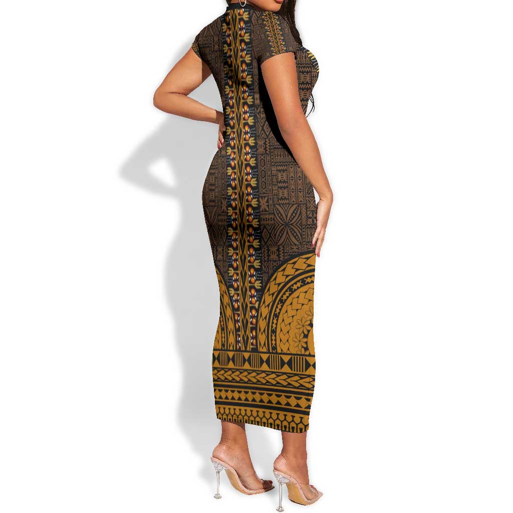 Gold Dashiki and Tapa Pattern Short Sleeve Bodycon Dress Africa-Polynesia Together Culture LT9
