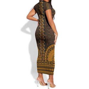 Gold Dashiki and Tapa Pattern Short Sleeve Bodycon Dress Africa-Polynesia Together Culture LT9