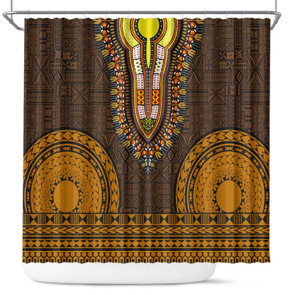 Gold Dashiki and Tapa Pattern Shower Curtain Africa-Polynesia Together Culture