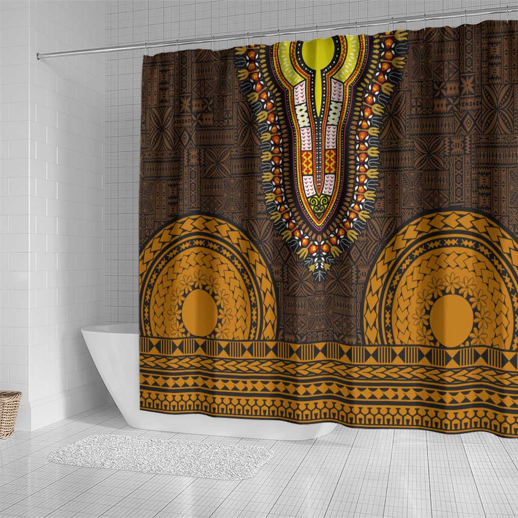 Gold Dashiki and Tapa Pattern Shower Curtain Africa-Polynesia Together Culture