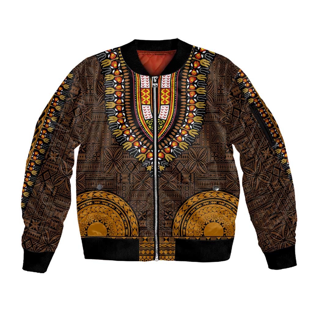 Gold Dashiki and Tapa Pattern Sleeve Zip Bomber Jacket Africa-Polynesia Together Culture