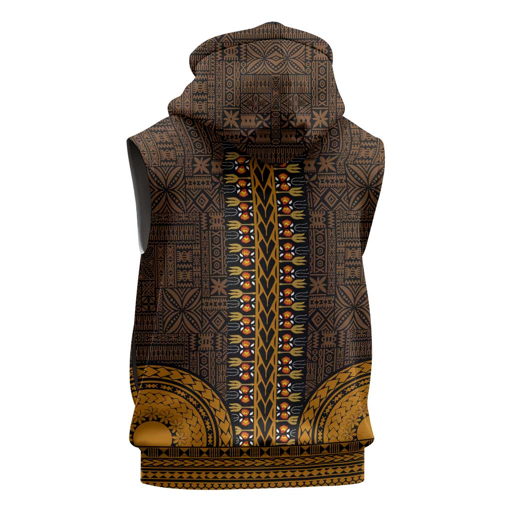 Gold Dashiki and Tapa Pattern Sleeveless Hoodie Africa-Polynesia Together Culture - African Pride