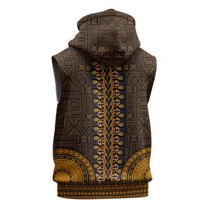 Gold Dashiki and Tapa Pattern Sleeveless Hoodie Africa-Polynesia Together Culture - African Pride